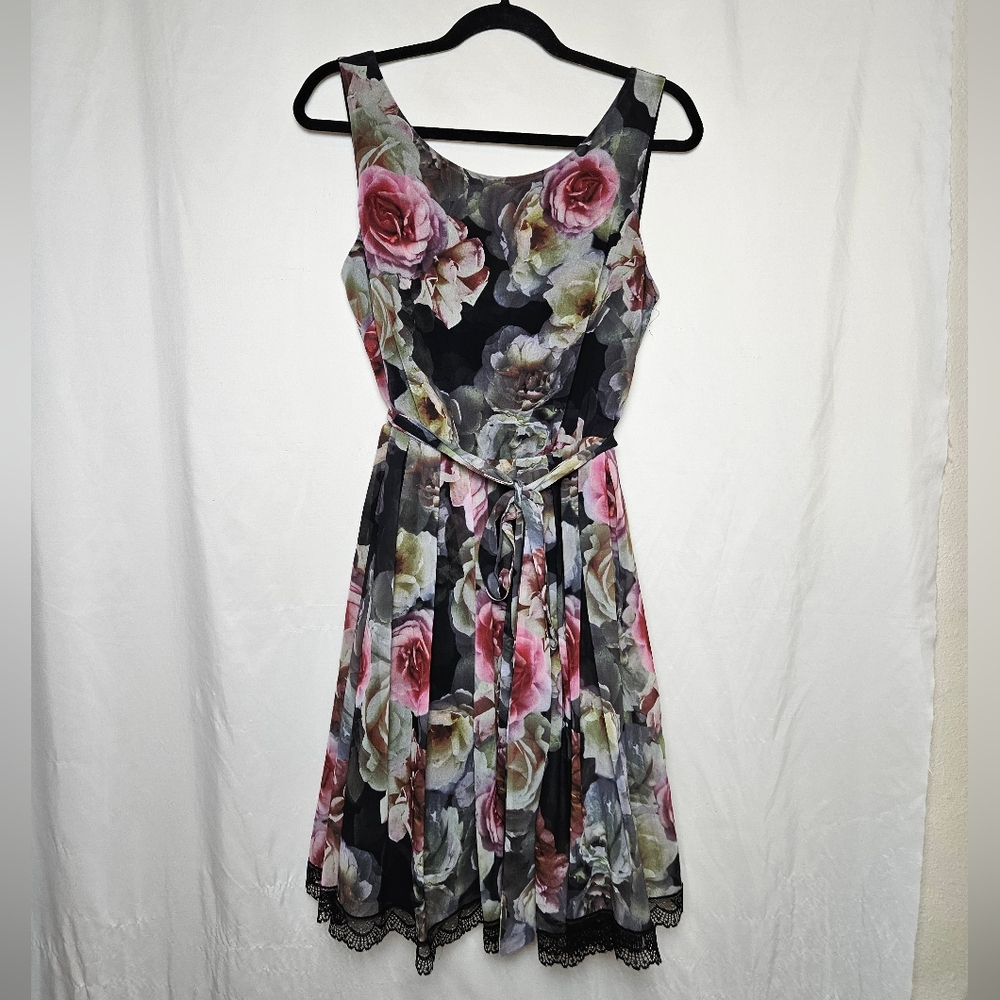 Betsey Johnson Floral Chiffon Midi Dress With Lace Trim Size 12 Style FC04W09M
